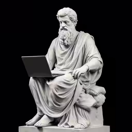Fausse statue d'un philosophe de la Grèce antique avec un ordinateur sur les genoux